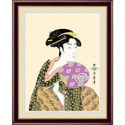日本の名画　浮世絵　美人画　団扇を持つおひさ　喜多川歌麿　F4　42&times;34cm　手彩仕上 高精細巧芸美術画