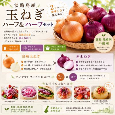 農薬、除草剤不使用！淡路島玉ねぎ2.5kg 紫玉ねぎ 赤玉ねぎ2.5kg 計5kg ハーフ＆ハーフ「旨味の白」と「彩りの赤」を食べ比べ。