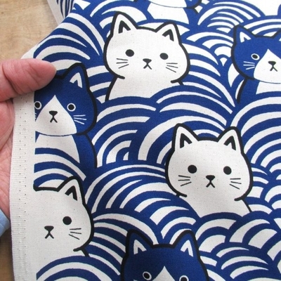 青海波猫　ブルー色　オックス生地 　(9753-1)