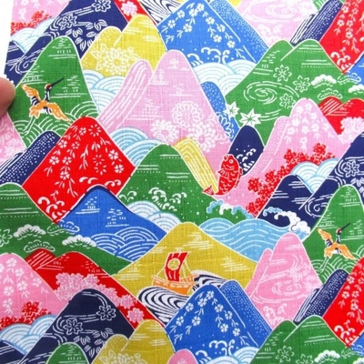 山と波　ドビー生地　ピンク&times;グリーン　( 9754-1 )