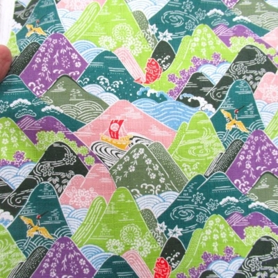 山と波　ドビー生地  グリーン&times;パープル　( 9754-2)