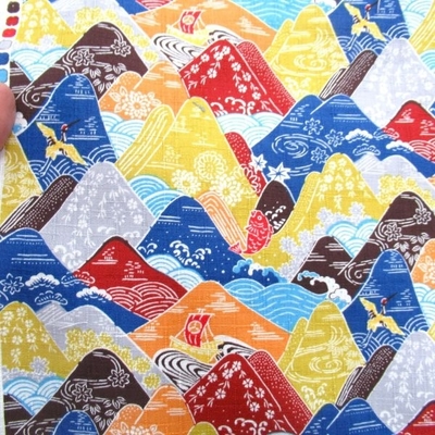 山と波　ドビー生地  イエロー&times;ブルー　( 9754-3)