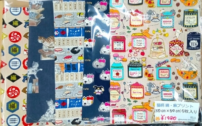 猫柄　綿麻プリント　５枚セット　(50㎝&times;50㎝)  A