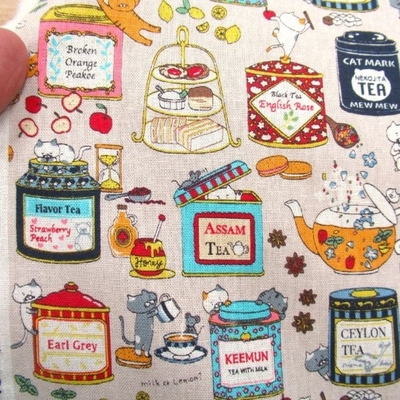 紅茶猫　綿麻キャンパス ベージュ系色　(9729　猫)