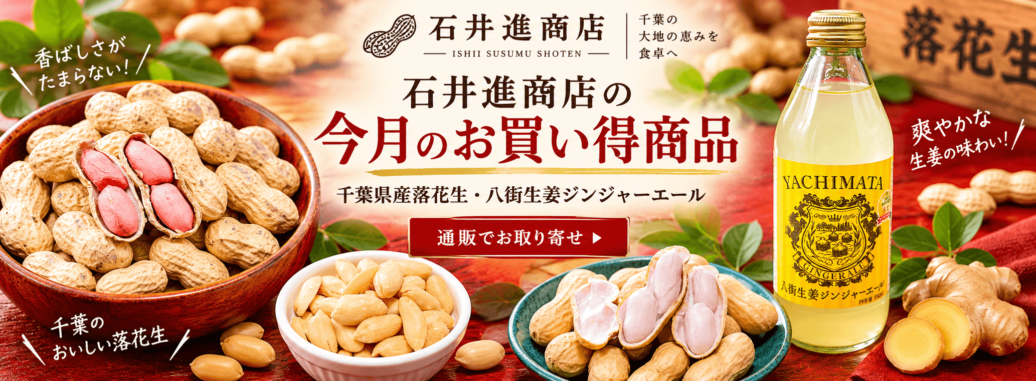 石井進商店の今月のお買い得商品｜千葉県産落花生と八街生姜ジンジャーエールを特価販売