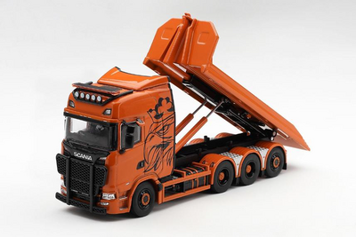 MINI-GT 1/64 スカニア 770S B8x4NA フックリフト フラットベッド オレンジ(左ハンドル)