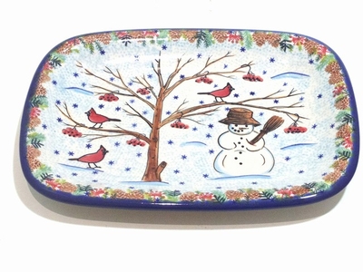ポーリッシュポタリー　クリスマス　雪だるま　楕円皿/プレート29.5ｃｍ　電子レンジ/オーブン/食洗器対応