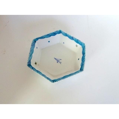 九谷青窯　六角鉢　色絵トビウオ　作家岡崎　和食器