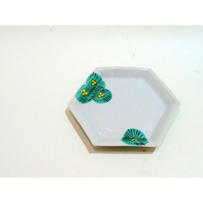 　ラスト作品六角皿　色絵笠松　作家高原　和食器