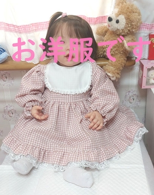 ドール服 ピンクギンガムワンピース 胸元フリル 55～60