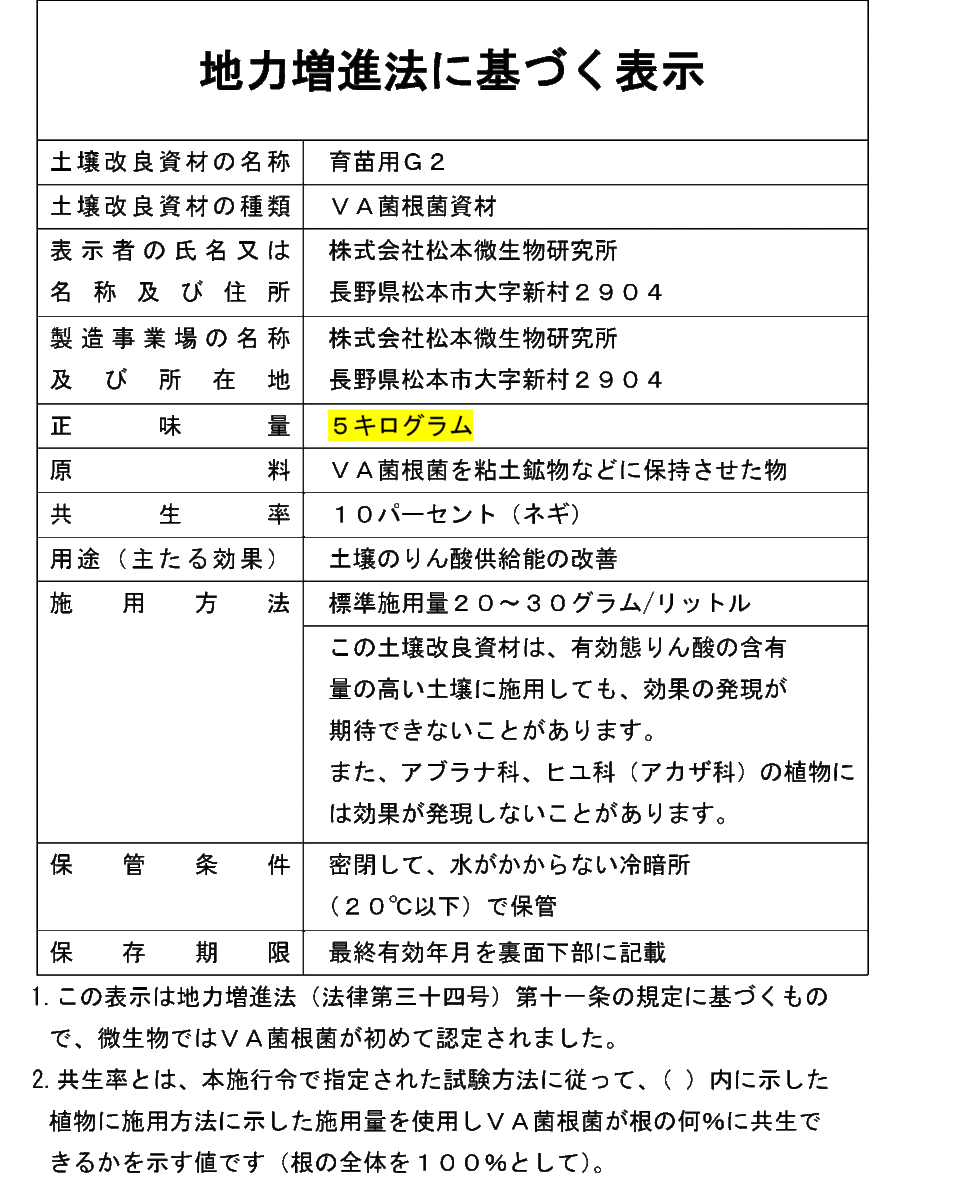 菌根菌『育苗用G2』5kg | 松本微生物研究所ショップ