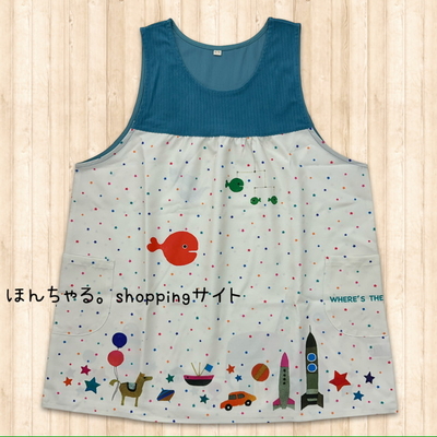 きんぎょがにげたおもちゃエプロンブルー×ナチュラル【2L-3L】【19】