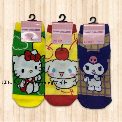 サンリオ【ハローキティ風船・シナモロールさくらんぼ・クロミ格子】大人用ソックス(3足セット)