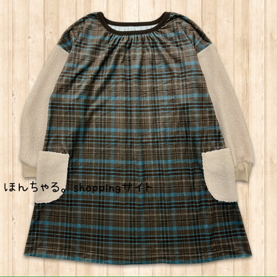 チェックプリントもっちりチュニックブラウン&times;ベージュ【54】