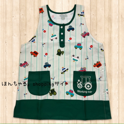 はたらくのりものストライプエプロンナチュラル&times;グリーン【2L-3L】【43】