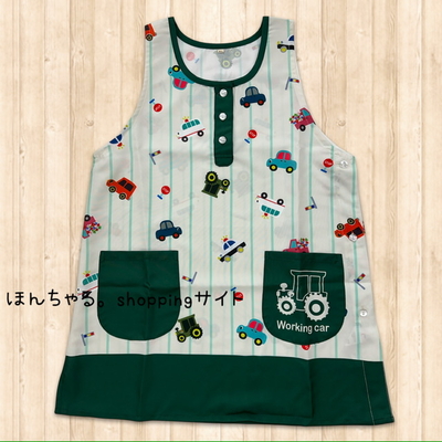 はたらくのりものストライプエプロンナチュラル&times;グリーン【M-L】【42】