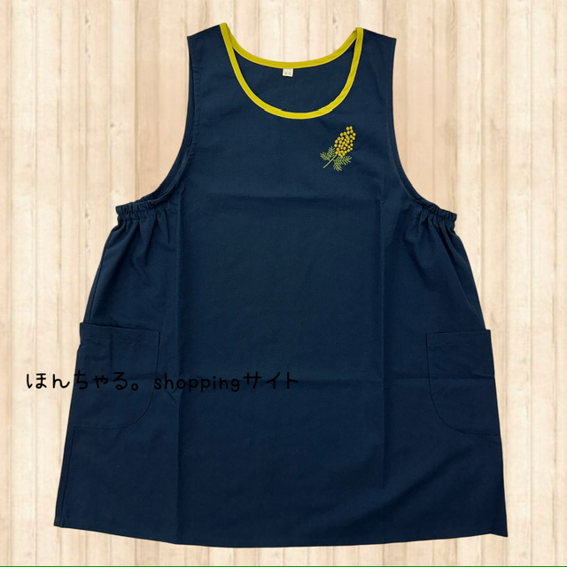 ミモザ刺しゅうアクセントエプロンネイビー【2L-3L】《プチプライス