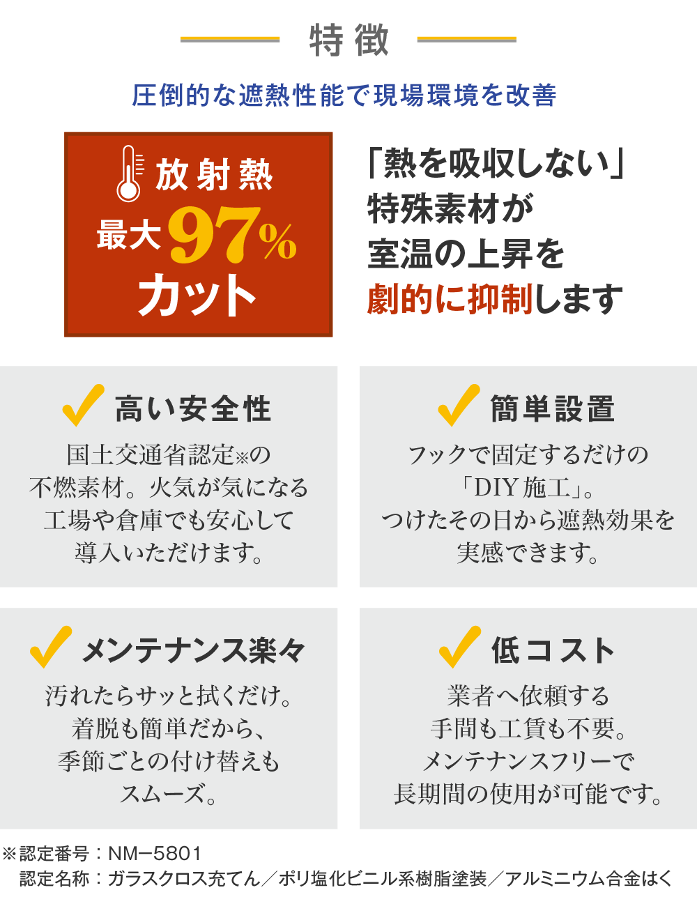 【特徴】放射熱 最大97%カット。「熱を吸収しない」特殊素材が室温の上昇を劇的に抑制します。高い安全性／簡単設置／メンテナンス楽々／低コスト