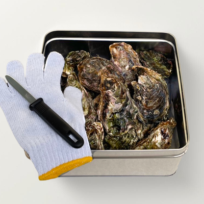 牡蠣カンカン焼きセット(殻付18個 缶入り・ナイフ手袋付)