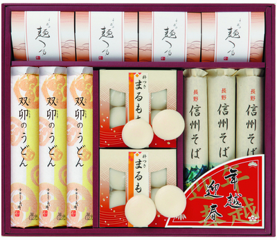 年越迎春 麺詰合せ(信州そば150g&times;3袋、双卯のうどん150g&times;2袋、杵つき丸餅30g&times;8袋、麺つゆ30ml&times;8袋)