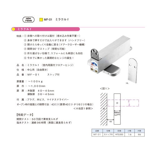 エイト MF－01 ミラクルf（室内用面付フロアーヒンジ） | 金物