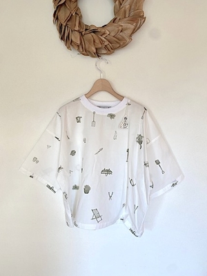 R&D.M.Co-  no.7646   COTTON LINEN GREAT GREEN THUMB  DOCKING T-SHIRT  white+green