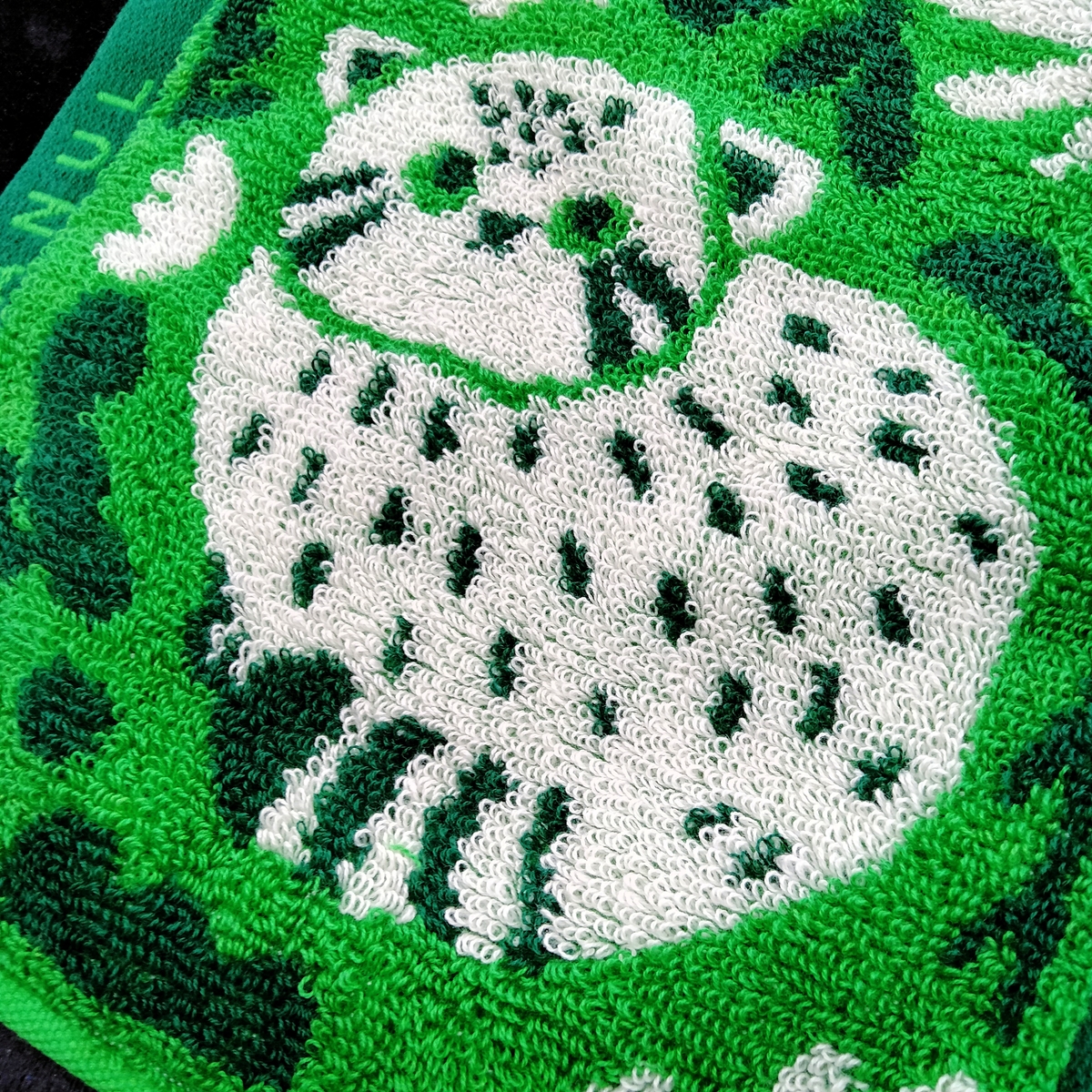 今治産ジャガードハンドタオル（グリーン） マヌルネコ | 神戸どうぶつ